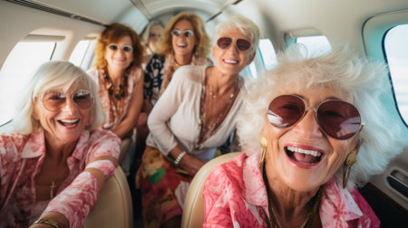Mature friend group on first class private jet. Luxury vacation travel concept.の素材