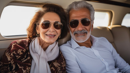 Mature couple on first class private jet. Luxury vacation travel concept.の素材
