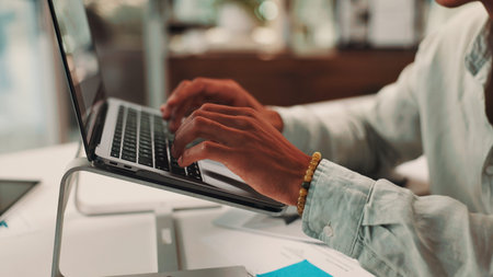 Business, hands or man in workplace, laptop or typing with research for sales growth. Closeup,...