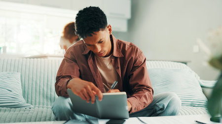 Budget, home or man bookkeeping with notes, diary or finance statement for household bills or...