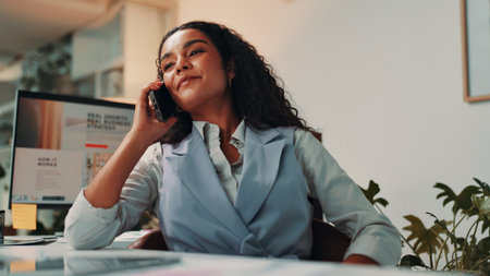 Business, phone call and thinking with editor woman in office for administration or update. Conversation, feedback and review with happy employee in professional workplace for magazine publishingの写真素材
