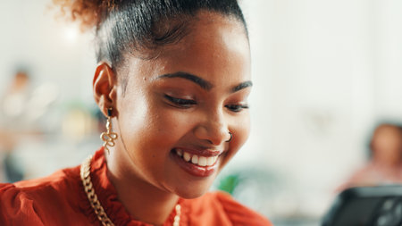 Happy, communication and woman at university with email for scholarship acceptance for studying. Smile, contact and female student with cellphone for college exam or test admission at campus.の写真素材