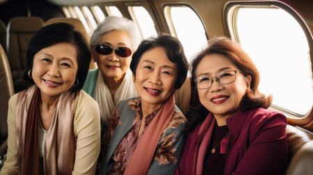 Mature friend group on first class private jet. Luxury vacation travel concept.の素材