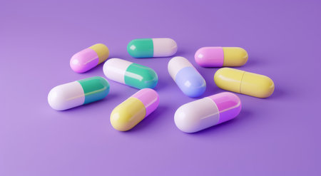Studio, healthcare and medicine with colorful pills for supplement, treatment and adhd supportの素材
