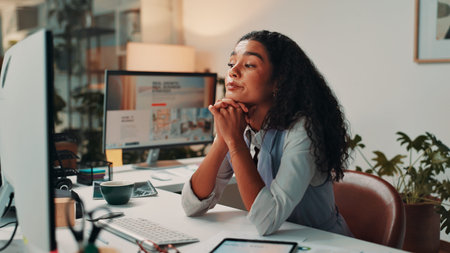 Business woman, thinking and night with computer for project deadline, tasks or agenda at office....