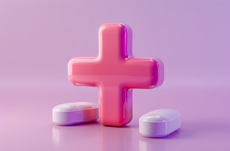 Healthcare, symbol and pills in abstract with plus sign for health insurance, medicine and supportの素材