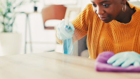 Housekeeping, spray bottle and black woman with cloth, cleaning and remove bacteria. Dust, apartment...