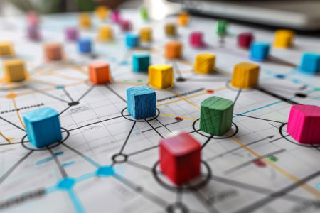Planning, closeup and map with color blocks for networking or social, cohesion and strategy for dataの素材