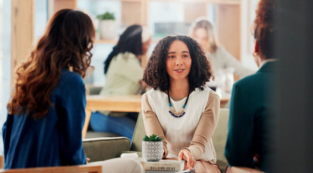 Office, business women and planning on sofa for discussion, meeting or think of news idea in...