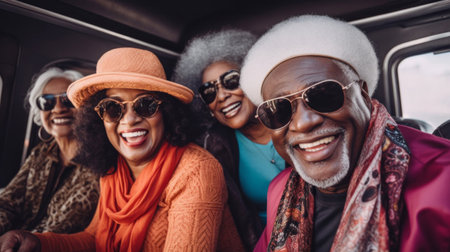 Mature friend group on first class private jet. Luxury vacation travel concept.の素材