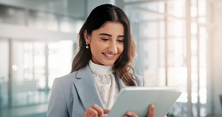 Business, internet and woman in office, tablet and smile with financial consultant. Connection,...