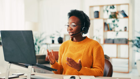 Video call, telemarketing and woman with headset, laptop and introduction for service or company....