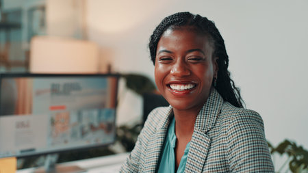 Office, editor and portrait of business black woman on computer for digital magazine, publishing and journalism. Creative, media agency and person online for article, publication report or researchの写真素材