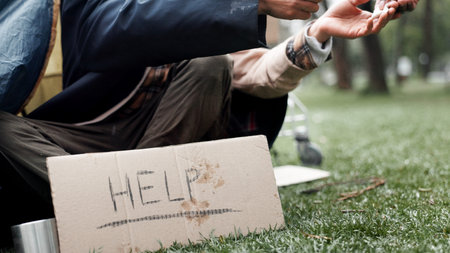 Hands, homeless and poverty with sign, drugs or deal for begging money, change or tent at park....