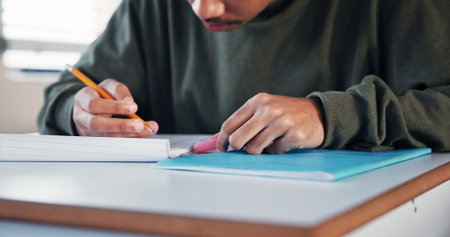 Student, hands and cheating with note in test for exam information, math solution or knowledge...