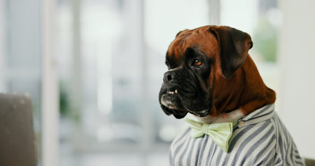 Email, laptop and space with business dog in office for administration, online report or research. Computer, humor and reading with boxer employee in professional workplace for project managementの写真素材