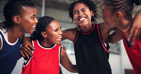 Happy women, basketball and team with huddle for game plan, motivation or collaboration on court....