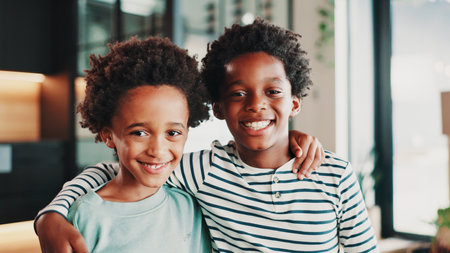 Happy, moving day and portrait of children hug in home with boxes for new house, apartment or rental. African family, real estate and kids ready for relocation for property, investment or purchaseの写真素材
