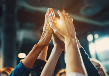 Teamwork, business people and high five with flare, support and partnership in workplaceの素材