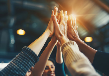Teamwork, business people and hands up for support, solidarity and partnership in workplaceの素材