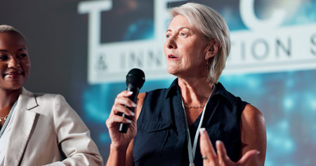 Business woman, mentor and microphone for seminar, presentation and speaker for conference or...