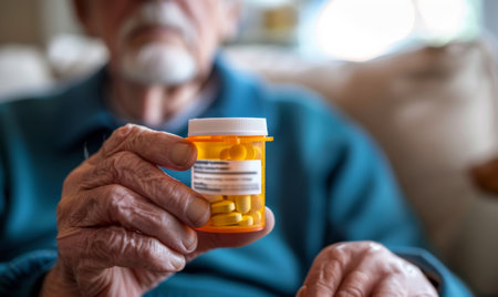 Hand, senior man and pills in bottle for flu, drugs and vitamins for healthcare in nursing homeの素材