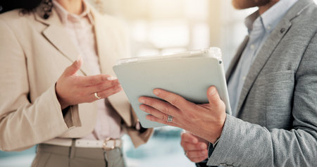Office, business people and hands with tablet for feedback, finance report and collaboration....