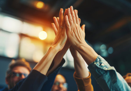 Teamwork, business people and high five with flare, win and motivation in workplace. Collaborationの素材