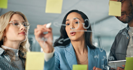 Business woman, writing and glass with team for brainstorming, sticky note and discussion in meeting. Collaboration, problem solving and social media project plan with idea mind map and tabletの写真素材