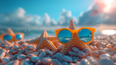 Glasses, water and starfish with beach landscape or blue sky. Tropical paradise, dream holiday orの素材