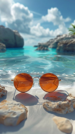 Glasses, palm trees and beach landscape with mock up or travel. Tropical paradise, dream holiday orの素材
