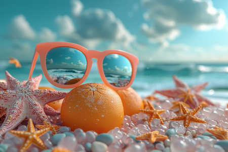 Glasses, water and starfish with beach landscape or blue sky. Tropical paradise, dream holiday orの素材