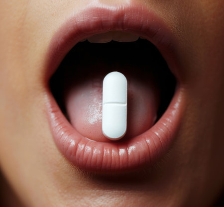 Tongue, pill and cure for pain in mouth, drugs and vitamins for healthcare or recovery. Closeup ofの素材