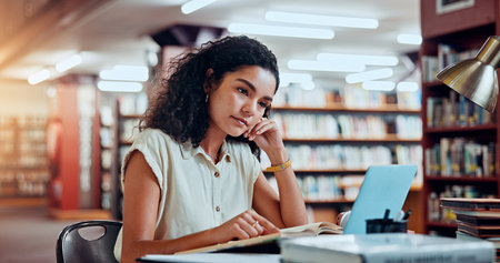 Student, thinking and studying in library for university, woman and learning for education or project. Female person, book and academy campus with literature, research and assignment for knowledgeの写真素材