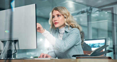 Reading, agency or woman on computer in finance office for online report, taxes or audit. Research,...