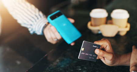 Coffee shop, credit card and hands with machine for payment, purchase and transaction. Restaurant,...