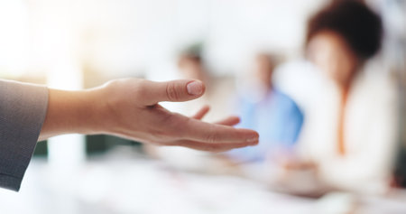Hand, business and woman with closeup, presentation and speech for financial seminar. People, employee and speaker in modern office, gesture and workshop for accounting, spokesperson and coachingの写真素材