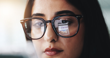 Glasses, reading and woman with news in office with online blog post for stock market crash....