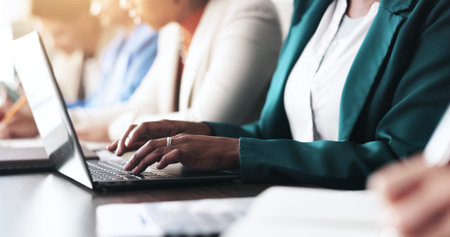 Accounting, meeting or hands of people on laptop for finance management or budget review. Financial...