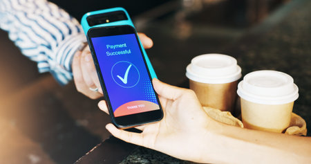 Coffee shop, phone screen and hands with success for payment, purchase or transaction. Restaurant,...