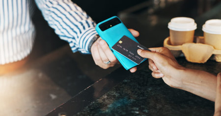 Coffee shop, credit card and customer with machine for payment, purchase and transaction....