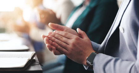 Business, hands and people with applause in conference for company achievement, global expo support or success. Closeup, employees and clapping for career development, audience approval and good newsの写真素材