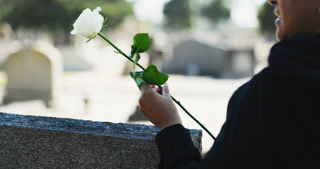 Hand, flower and person at gravestone for funeral, grief and memorial service outdoor at cemetery for farewell. Graveyard, death and rose on tombstone for mourning, peace and respect for remembranceの写真素材