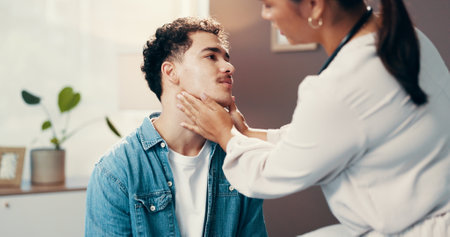 Consulting, neck and healthcare with doctor and patient for diagnosis, treatment plan and thyroid glands. Advice, medical results and lymph nodes with people in hospital office for endocrinologistの写真素材