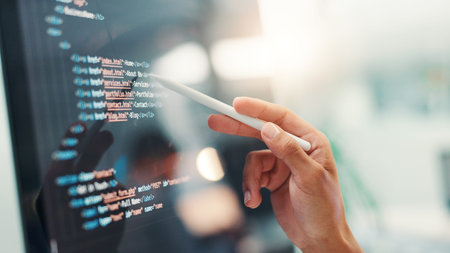 Programmer, hands or person with screen for code, app development and debugging computer. Closeup,...