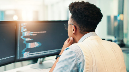 Coding, man and computer screen with thinking in office for programming solution, app development...