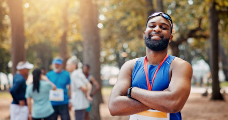Portrait, athlete and man with arms crossed, sports and smile for win of competition and confident....
