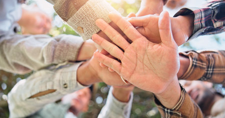 Below, hands together and outdoor with people, stack and support with team building. Low angle, group and friends with vacation, hiking and cooperation with motivation for journey, nature and palmの写真素材