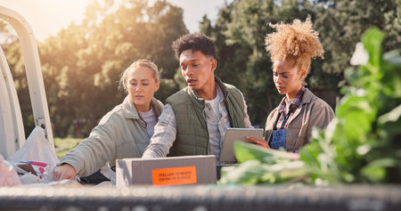 Farming, tablet and crops with people and truck for vegetable logistics, supply chain and...
