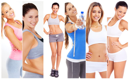 Collage, fitness and woman with water, portrait and confidence for hydration, wellness and health. Montage, exercise and female athletes with white background for body, diet and motivation in studioの写真素材
